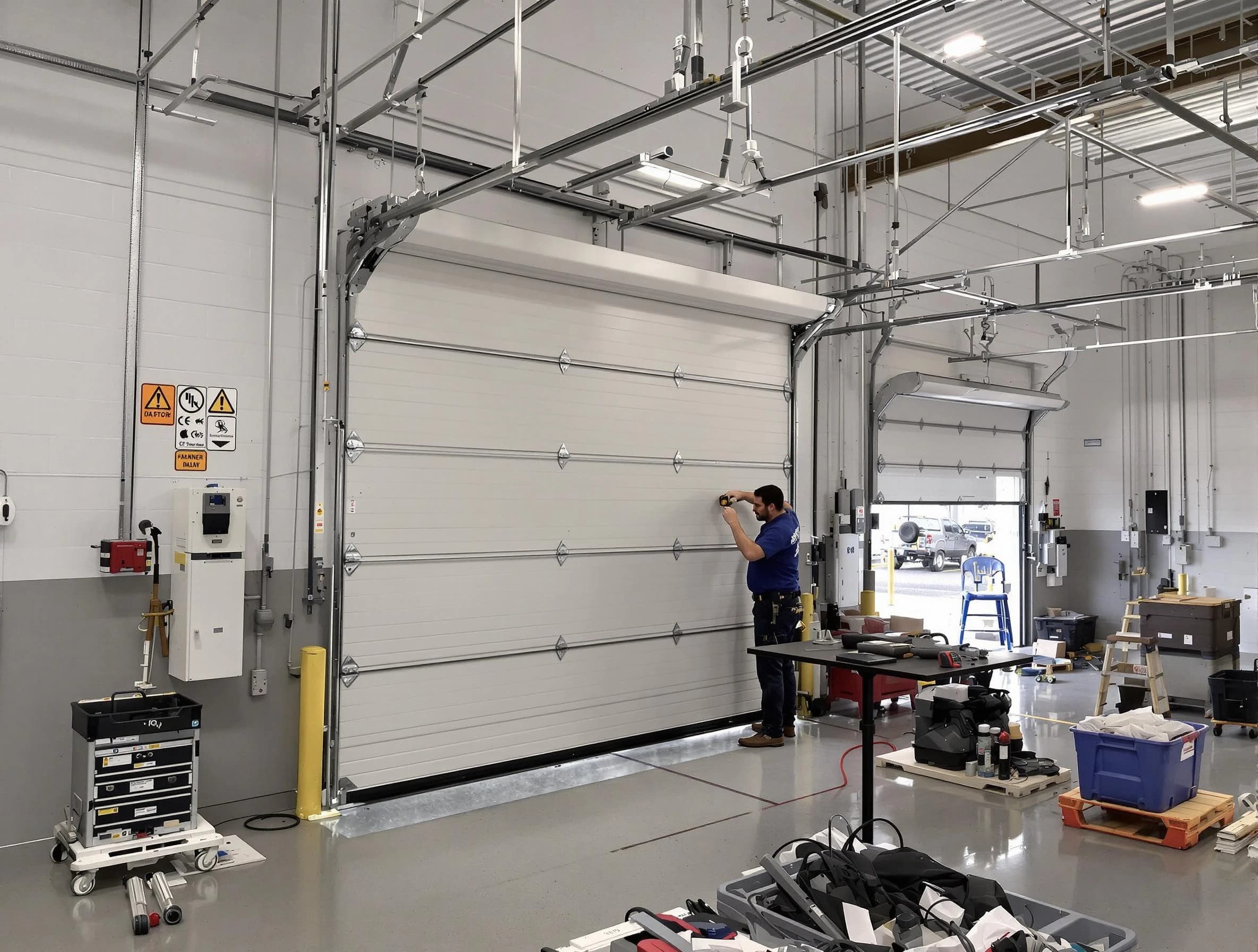 Commercial garage door repair being performed by Meridian Garage Door Repair expert in Meridian