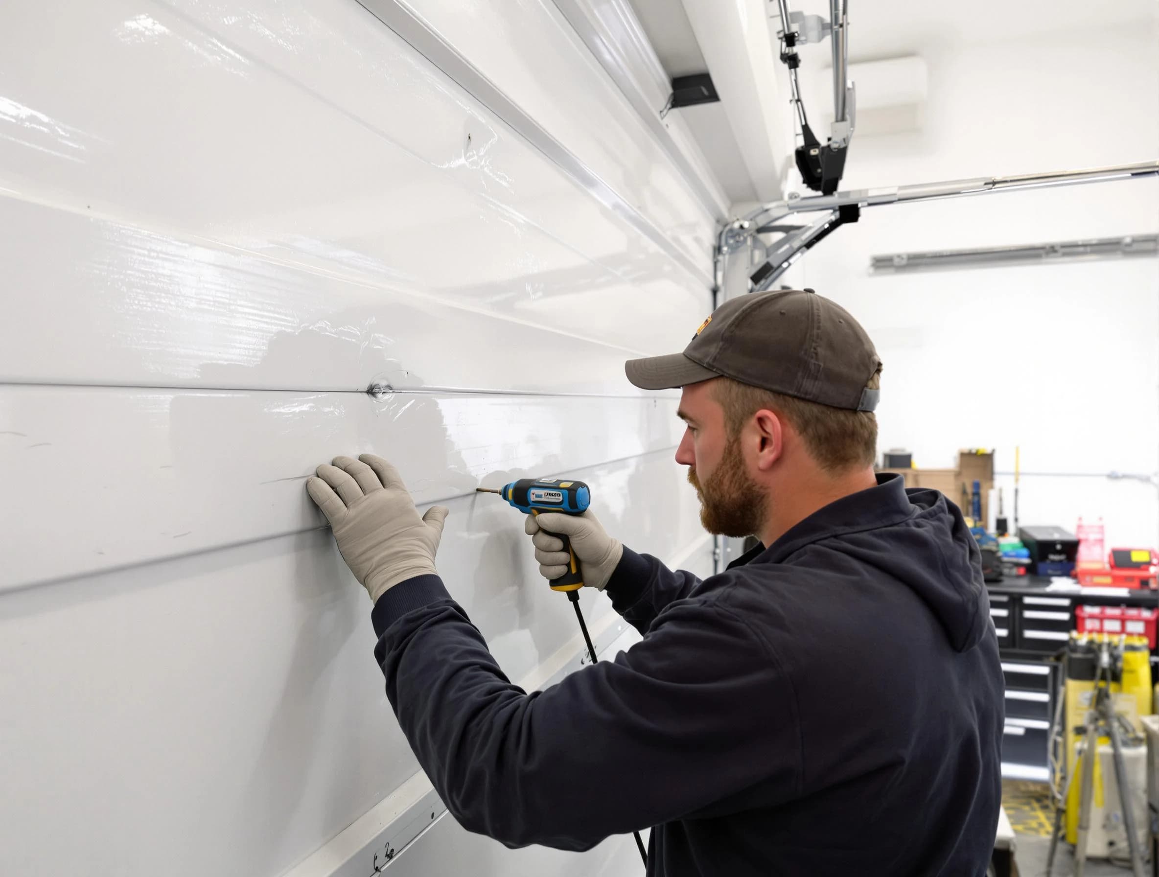 Meridian Garage Door Repair technician demonstrating precision dent removal techniques on a Meridian garage door