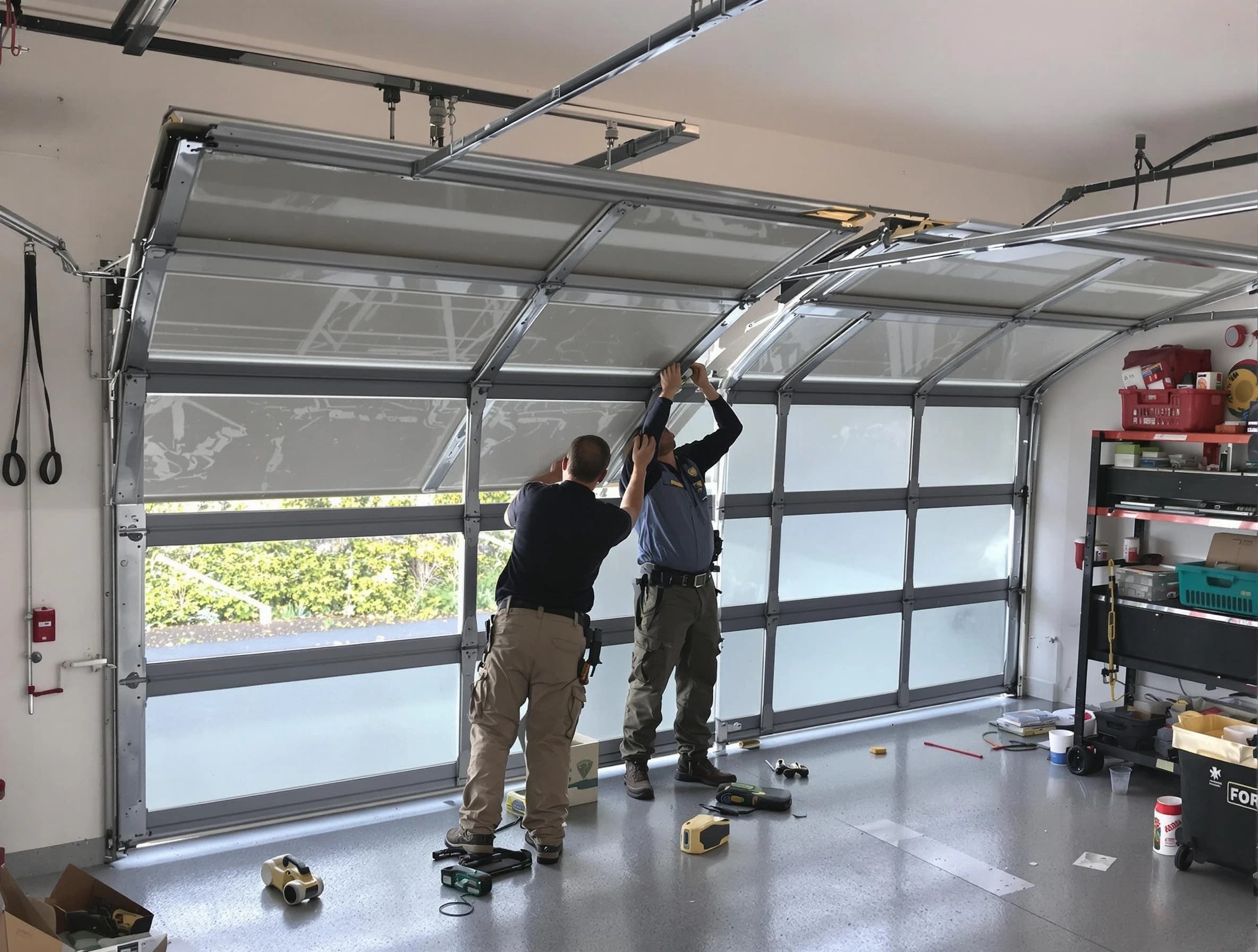 Meridian Garage Door Repair expert performing precise panel replacement on Meridian garage door