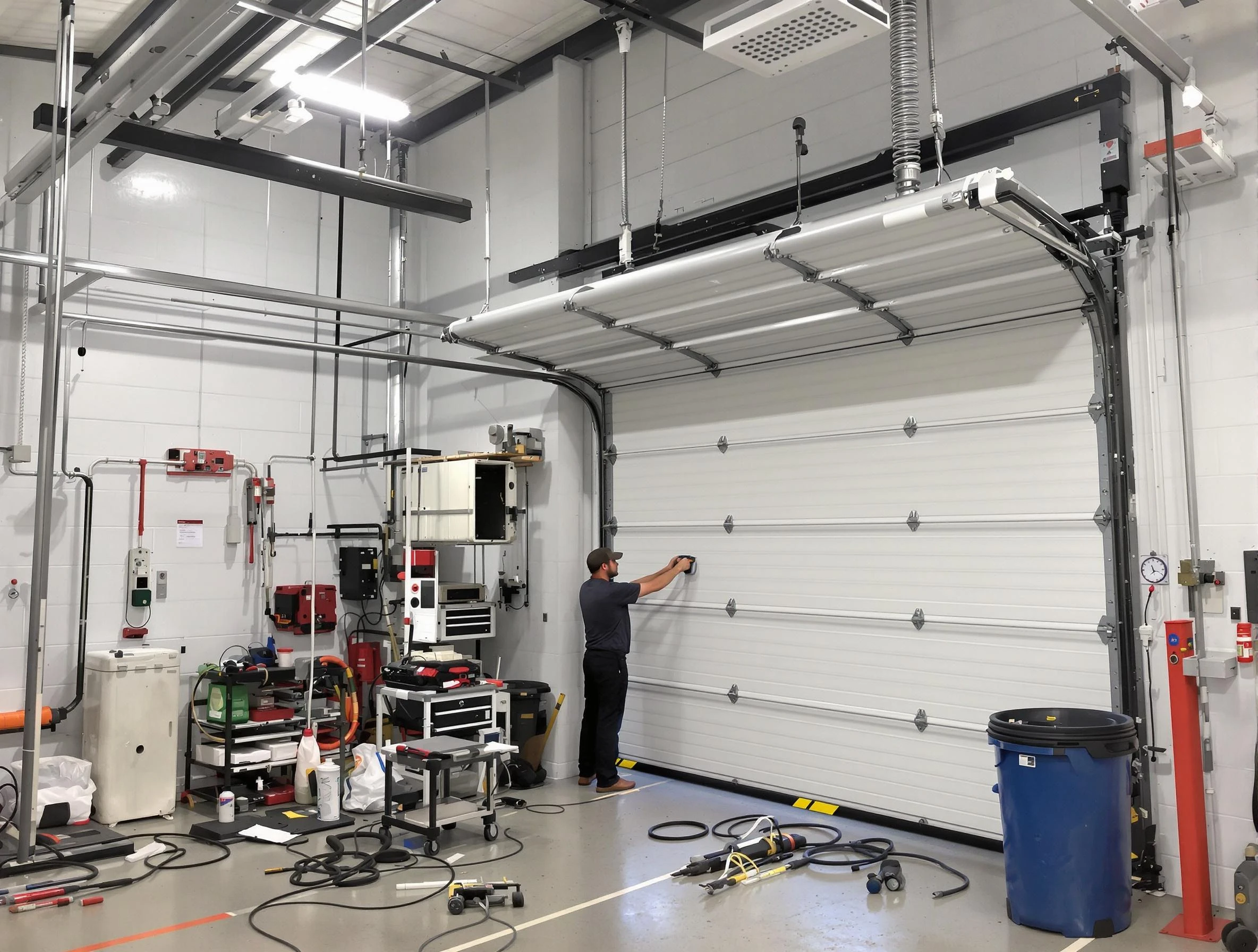 Meridian Garage Door Repair certified technician performing commercial door repair at a Meridian business facility