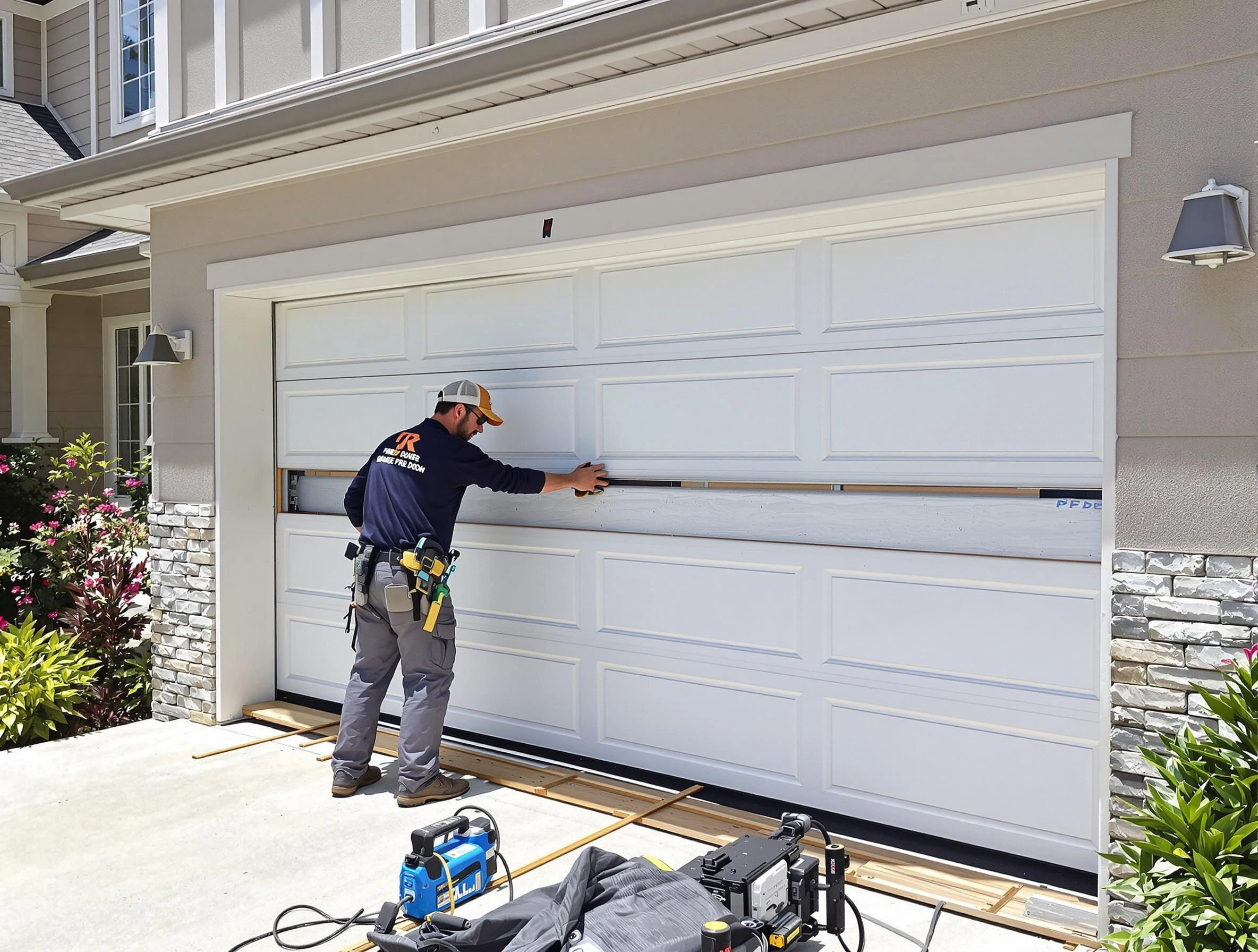 Meridian Garage Door Repair team performing complete garage door replacement at Meridian residence